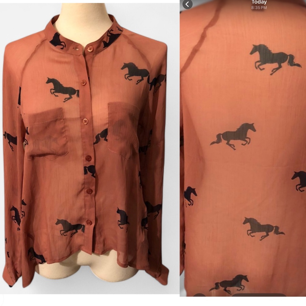 Forever 21 Sheer Horse Print Button Up Blouse Small